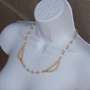 Handmade Crystal Necklace with Clear Beads and Gold Plated Brass Accents 21 inch